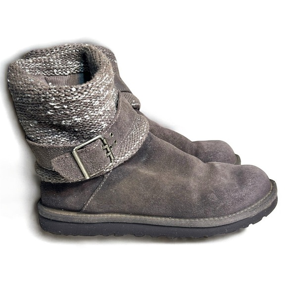 UGG Women's Boots Cambridge Gray‎ Metallic Suede Knit Cuff Belted Size 8 - Picture 1 of 14
